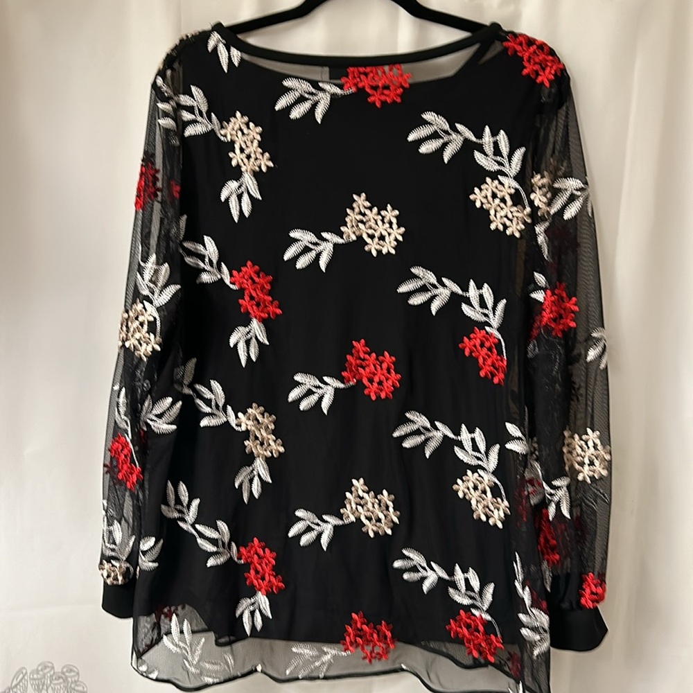 Alfani black shear top with embroidered flowers. Size extra large. - Picture 5 of 14